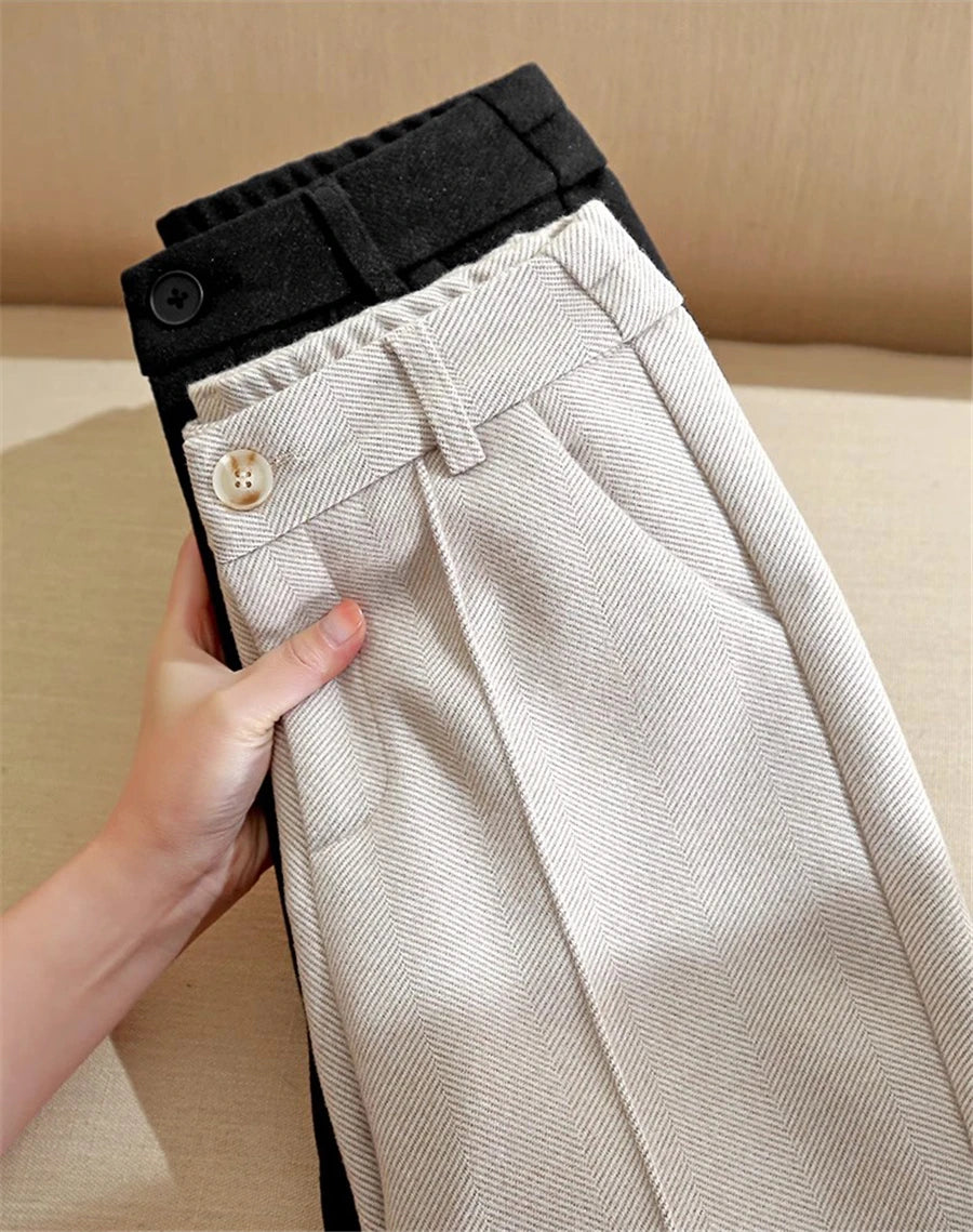 High Waist Wool Blend Pants Women Winter Thicken Plush Lined Harem Pantalones Office Casual Warm Ankle-length Woolen Spodnie