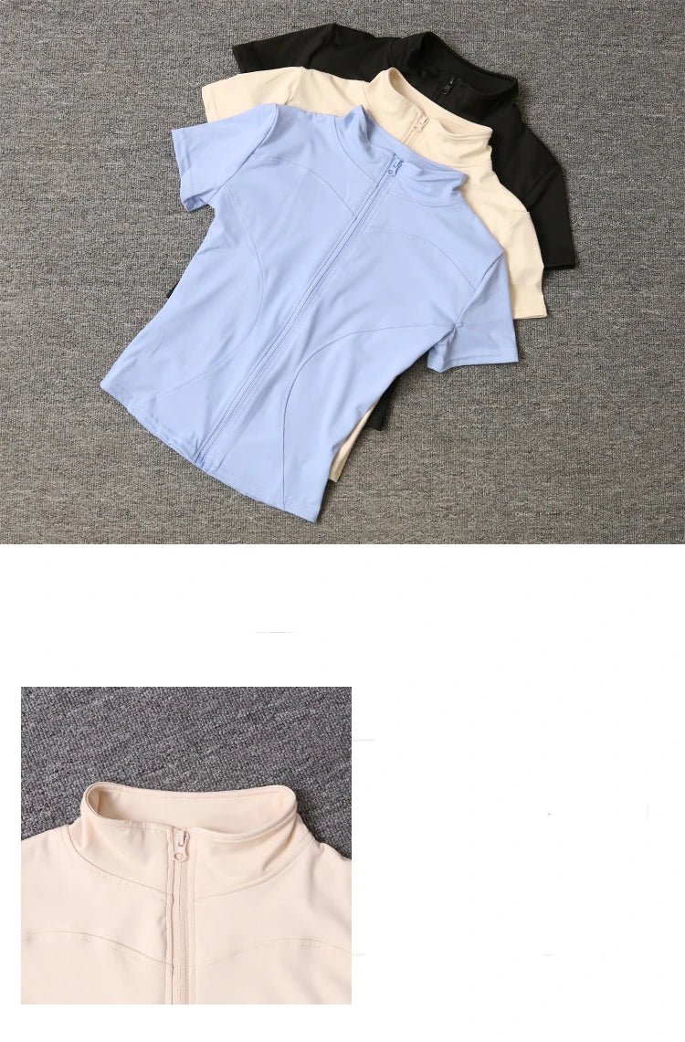 Damen-Sportbekleidung, schmale Passform, Polyester, schnell trocknend, durchgehender Reißverschluss, Outdoor-Fitness, Laufhose, kurze Ärmel, Damen-Yoga-Bekleidung