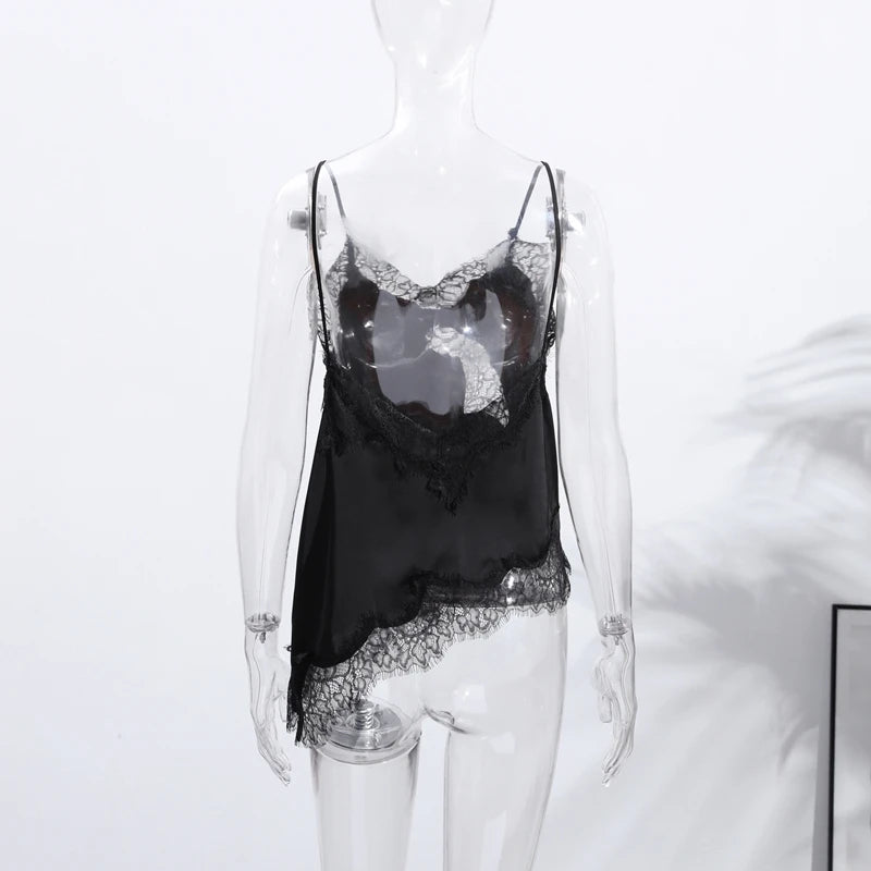 Sommer Frauen Halter Top Satin Spitze Gespleißt Tank Backless Tiefem Hals Sexy Weste Unregelmäßigen Saum Vestidos 2025, Dame Urlaub Sexy Tops