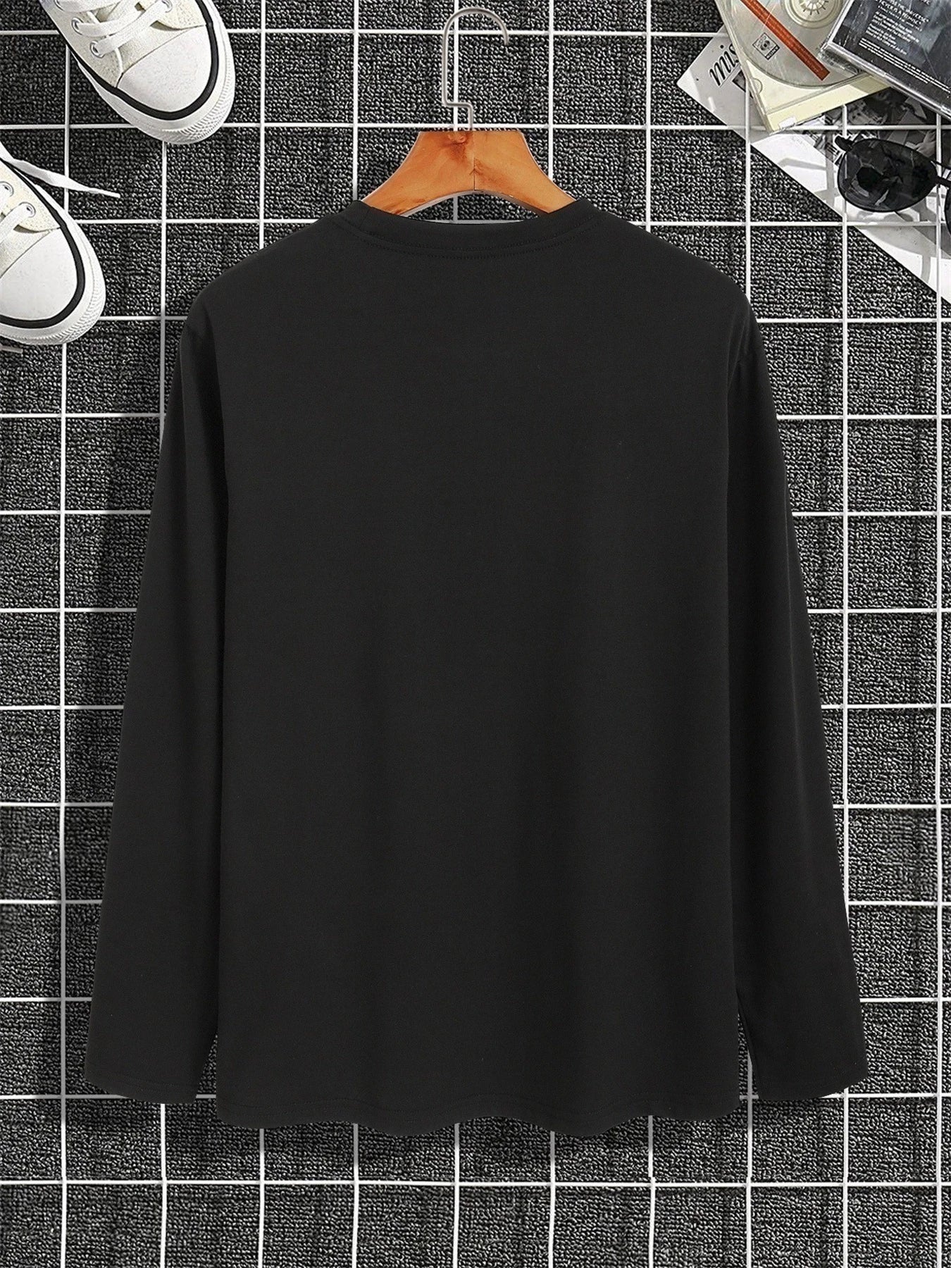Men's 100% pure cotton loose fit plus size comfortable casual sports New York letter printed round neck long sleeved T-shirt top