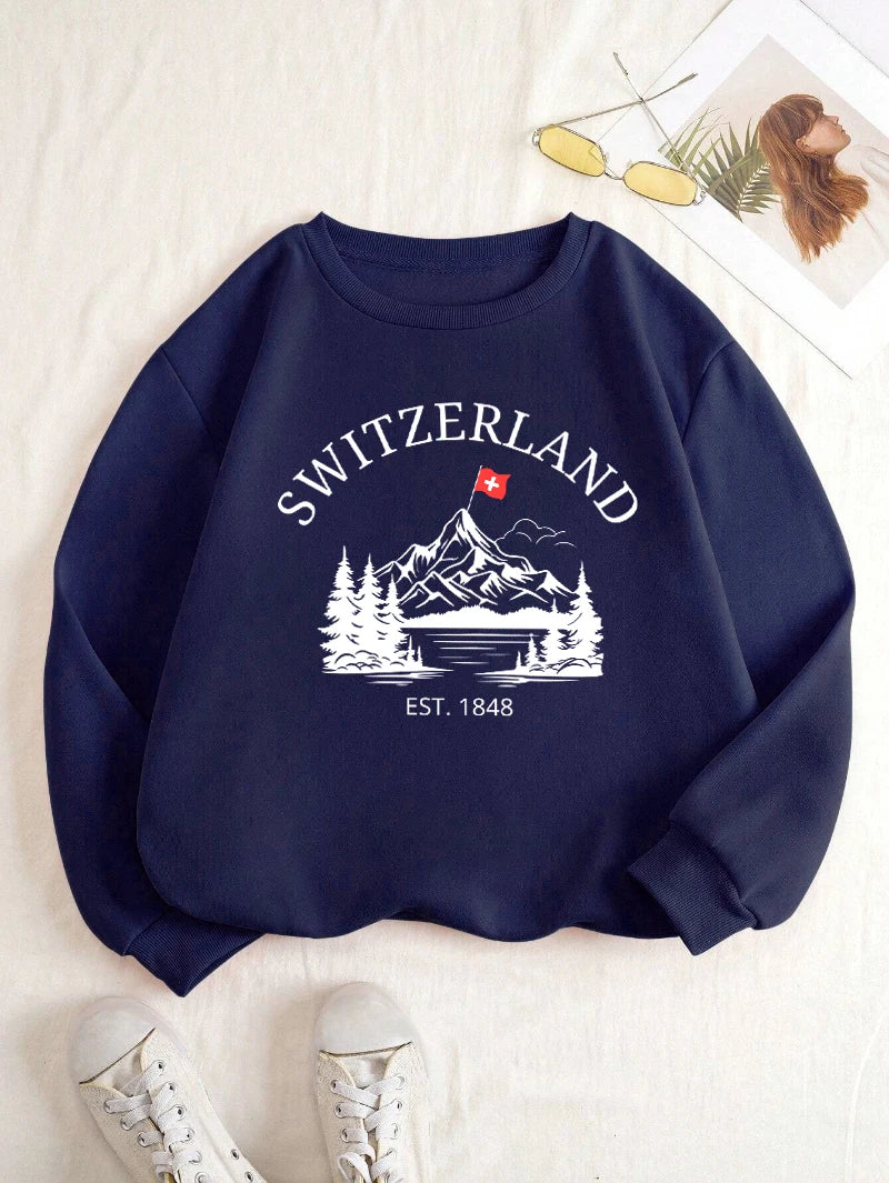 Switzerland Snow Mountain Design Women Sweatshirt Y2K Fleece Pullovers Crewneck Casual Streetwear Street Hip Hop Clothes