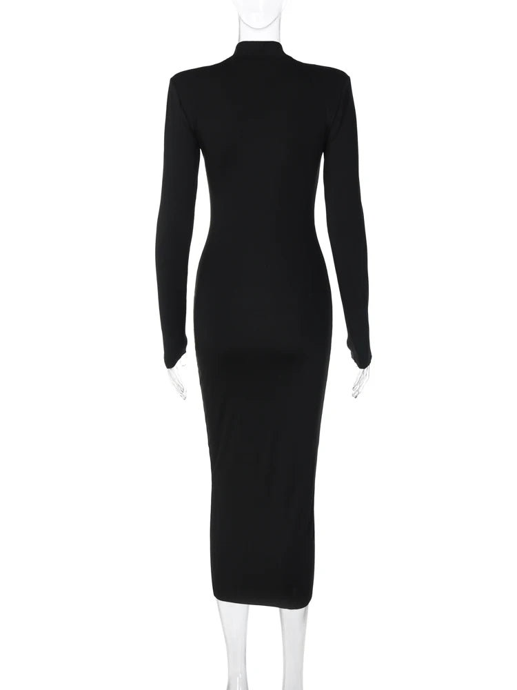 Hugcitar Frauen Mode Rollkragen Lange Ärmel Schwarz Sexy Bodycon Maxi Prom Kleid Herbst Casual Kleidung Streetwear Party Festival
