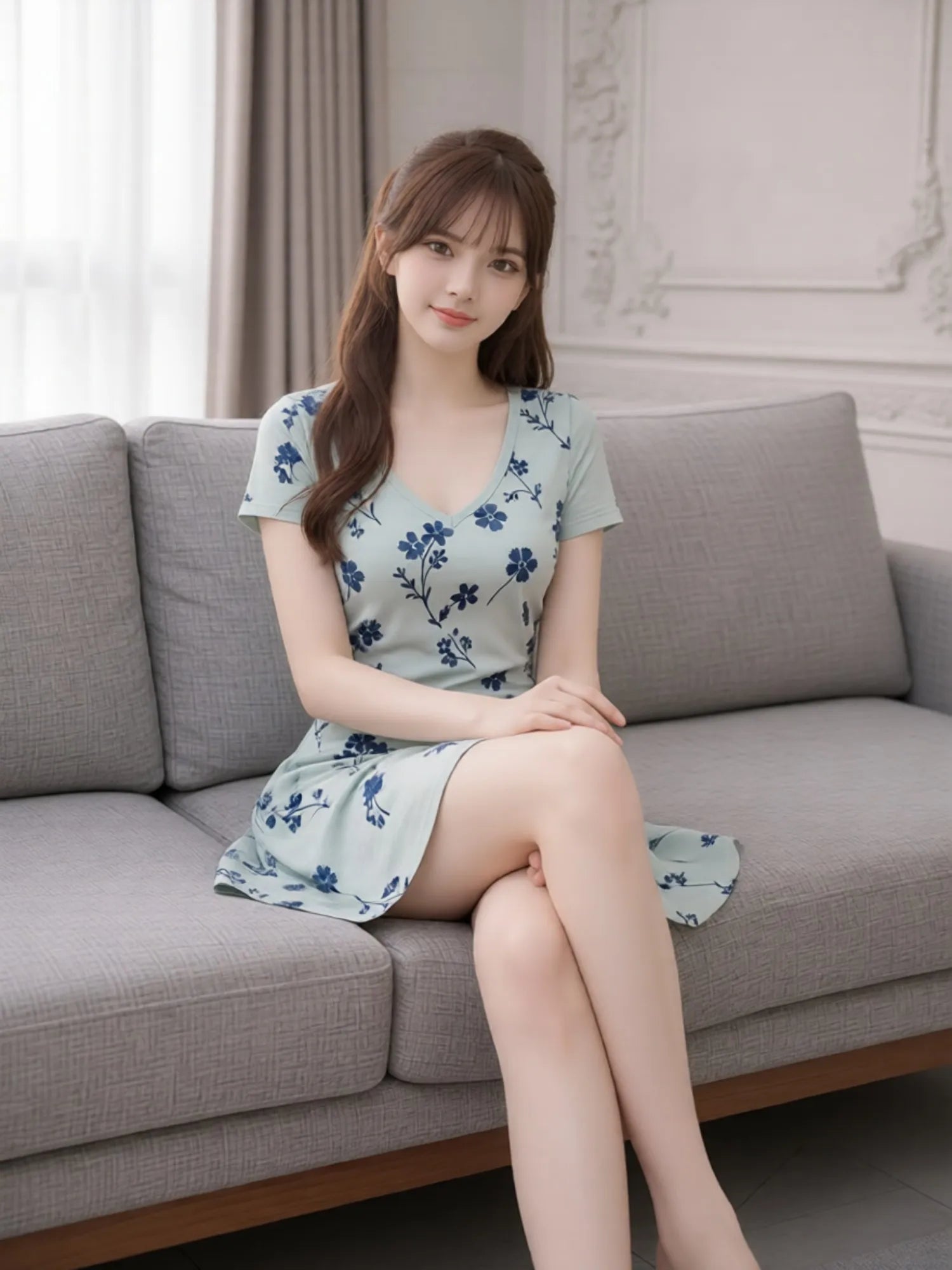 Damen-Minikleid mit V-Ausschnitt, kurzärmelig, Blumenmuster, lässiges Reiseoutfit, feminin, anmutig, entspannt, leicht zu tragen, modisch, charmant, niedlich, Café