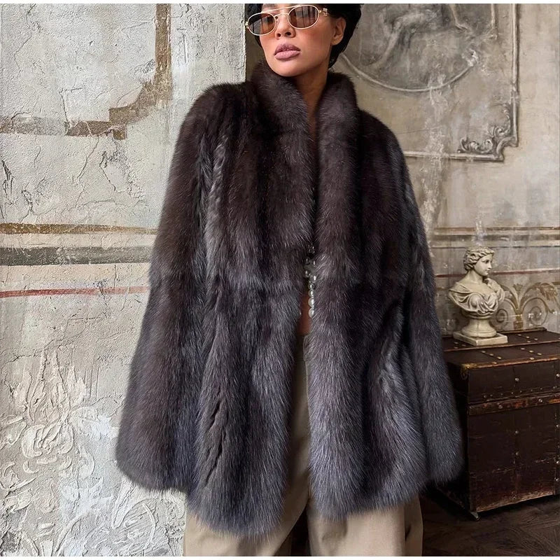 Brauner mittellanger Pelzmantel für Damen, Revers, versteckter Knopf, lockere, elegante Oberbekleidung, 2025, modischer Bürodame, Pendelmantel, Neu