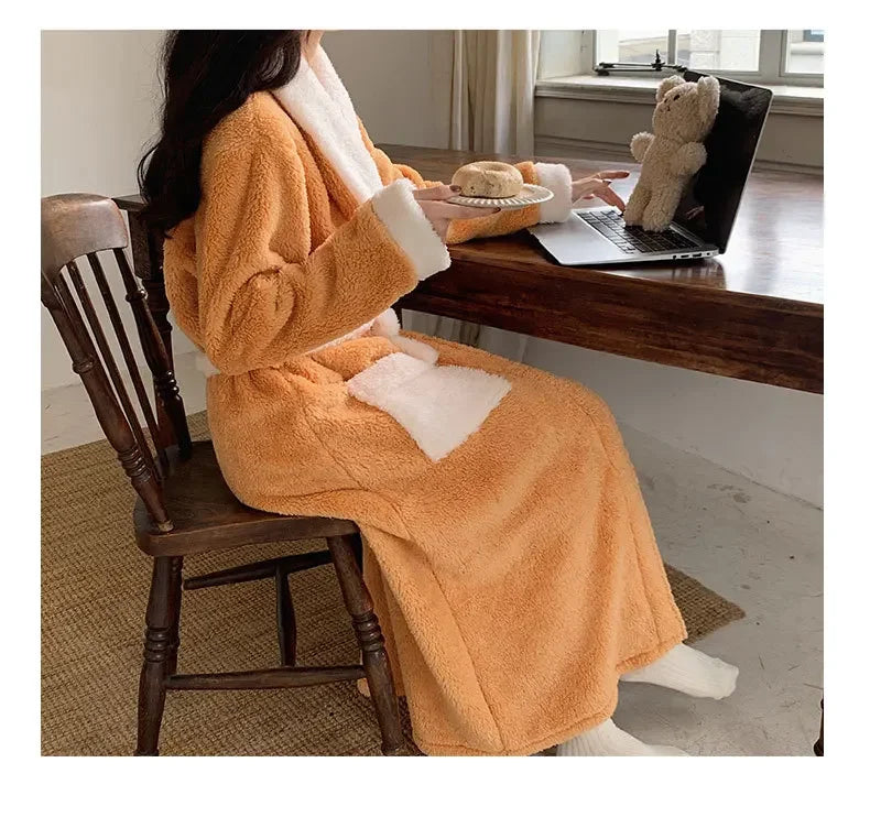 Verdickte Korallen Fleece Robe frauen V-ausschnitt Gürtel Langarm Mid-länge Süße Stil Warme Hause Kleidung Winter Saison