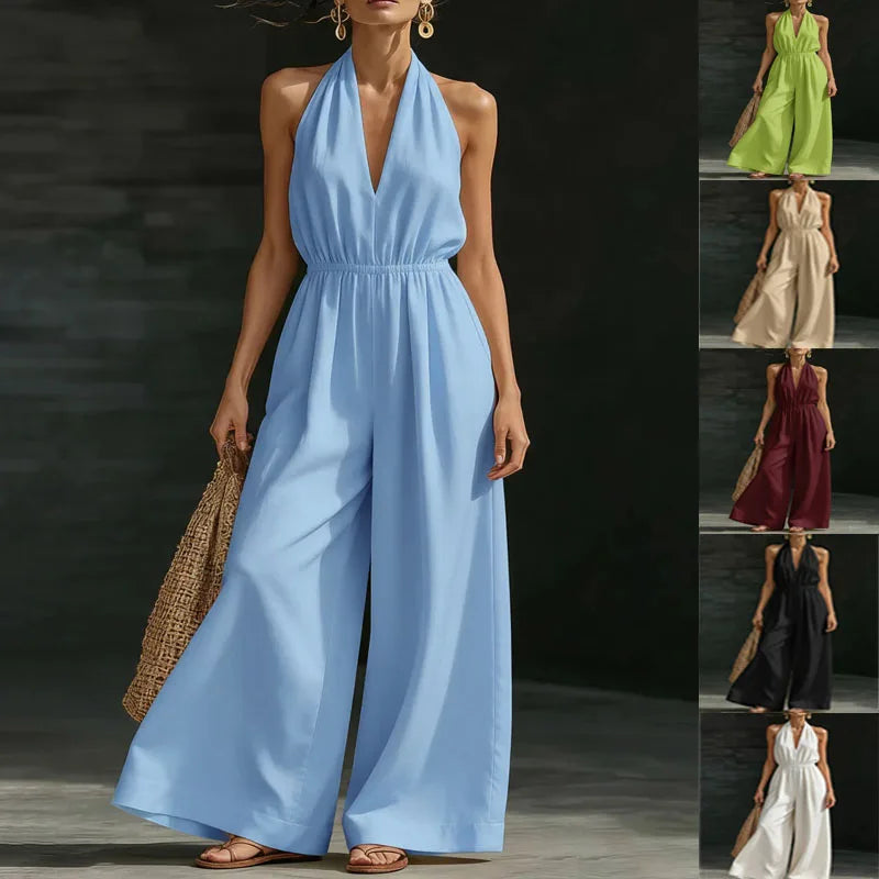 Damen 2026 Neuer V-Ausschnitt Neckholder-Jumpsuit – Designer-Overall im französischen Stil mit weitem Bein, schicker Büro-Casual-Einteiler