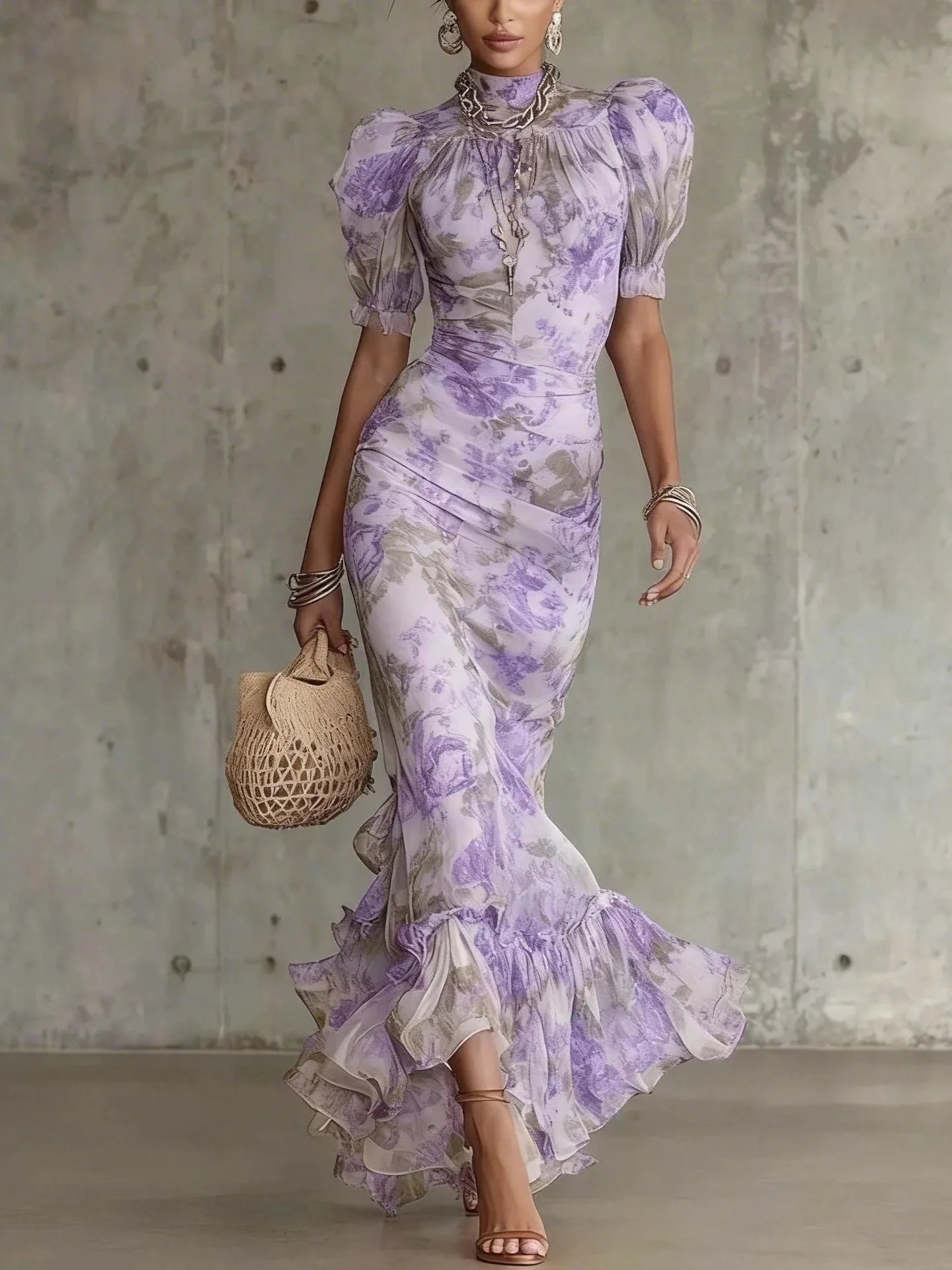 Blumendruck Mode Kurzarm Mesh Vielseitiges Elegantes Langes Kleid Damen Abendkleid Meerjungfrau Schlankes Sexy Spitzen-Splicing Abendkleid