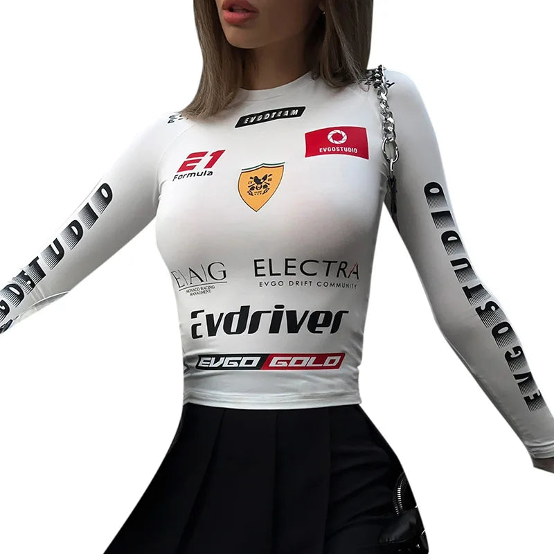 Oshfall European and American hot girls 2024 autumn new motorcycle style letter print round neck long sleeve slim women's tops