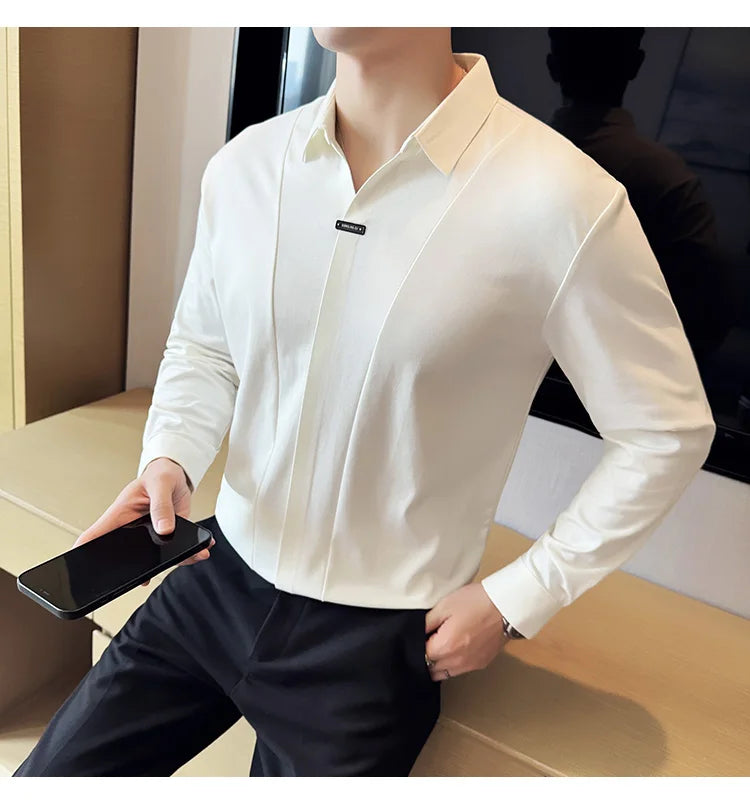 Herren-Poloshirt mit langen Ärmeln, 2026, Frühling, britischer Stil, einfarbig, elastisch, schmale Passform, T-Shirt, formelle Kleidung, Poloshirt, Herrenbekleidung