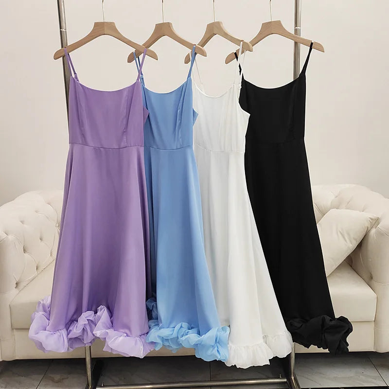 Elegante Rüschen solide Schlinge langes Kleid Frauen Riemen Taille Party Kleider Mode ärmellose rücken freie Strands chaukel Rock A-Linie Tutu