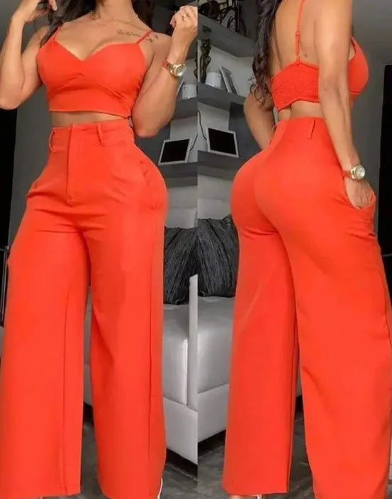 Sommer Sexy 2-teiliges Set Frauen V-ausschnitt Strap Geraffte Schlank Crop Top & Spitze-up Breite Bein Hosen Sets elegante Urlaub Dame Anzug