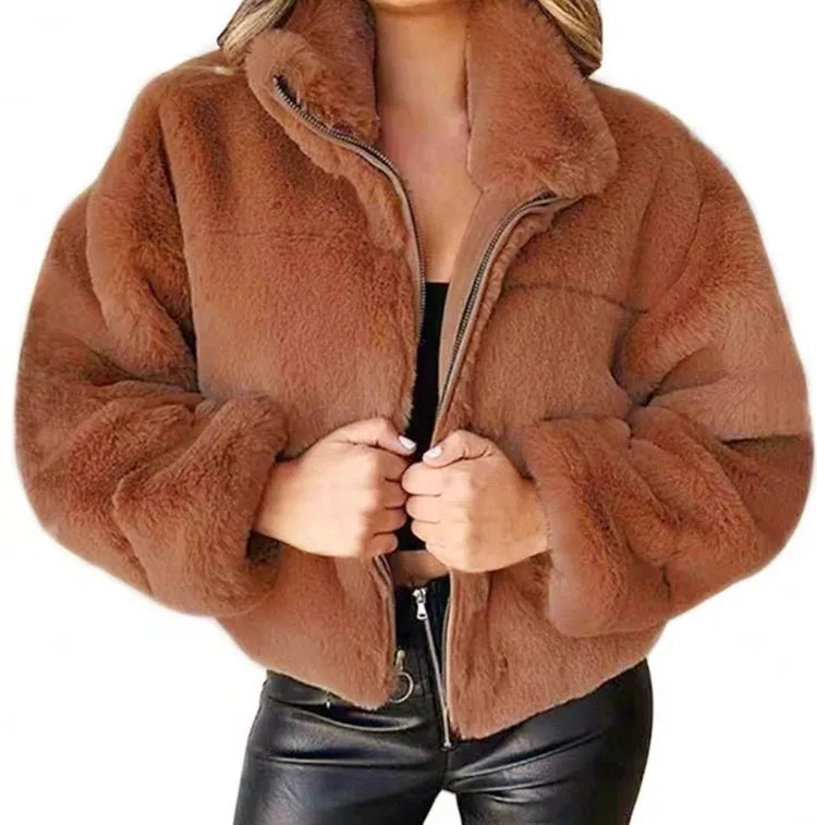 2025, Winter frauen Warme Jacke Zipper Strickjacke Faux Pelz Mode Langarm Stehen Kragen Plüsch Mantel für Weibliche