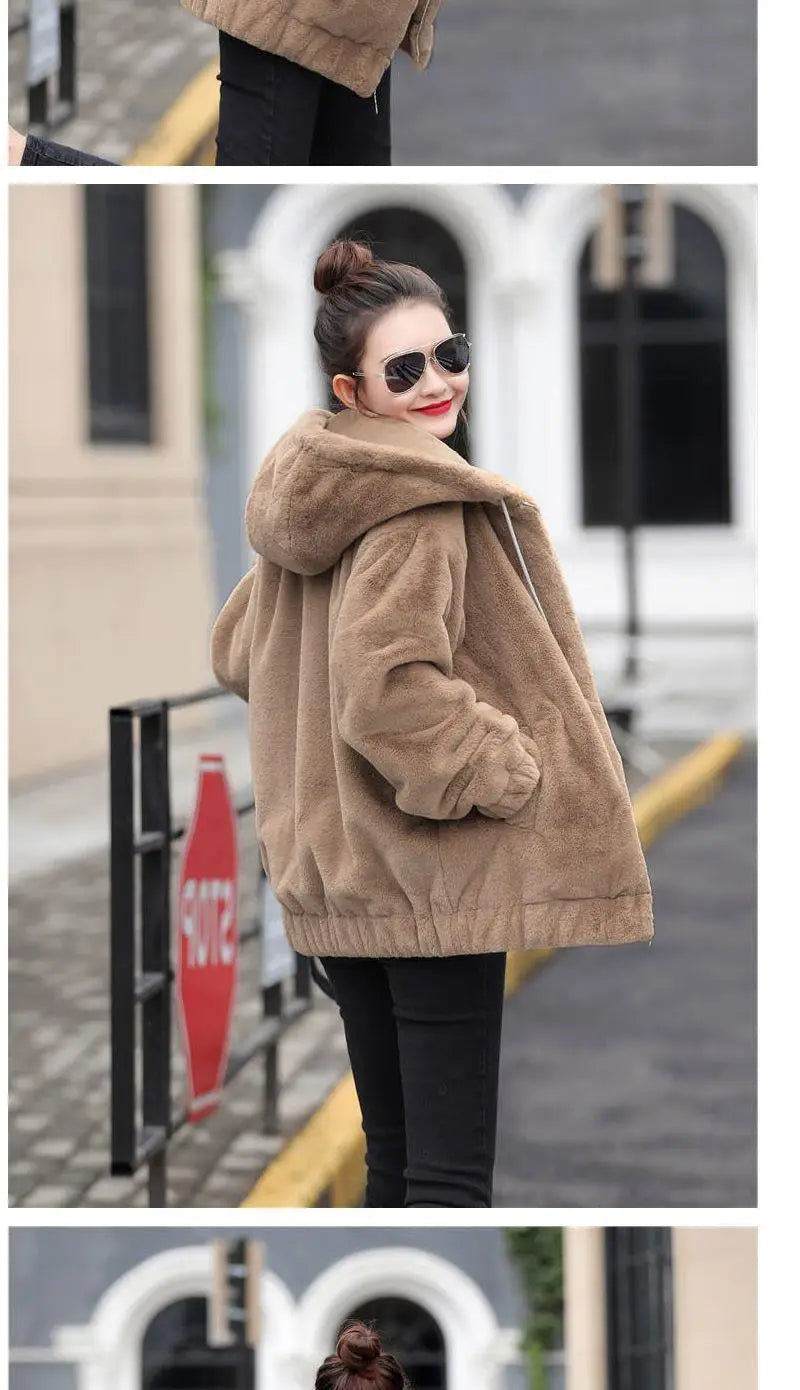 Plüsch-Kapuzenjacke für Damen, mittellang, Winter, neuer lockerer Plüsch, warmer, langer Ärmel, Plüsch, kurze Jacke, modischer Freizeitmantel