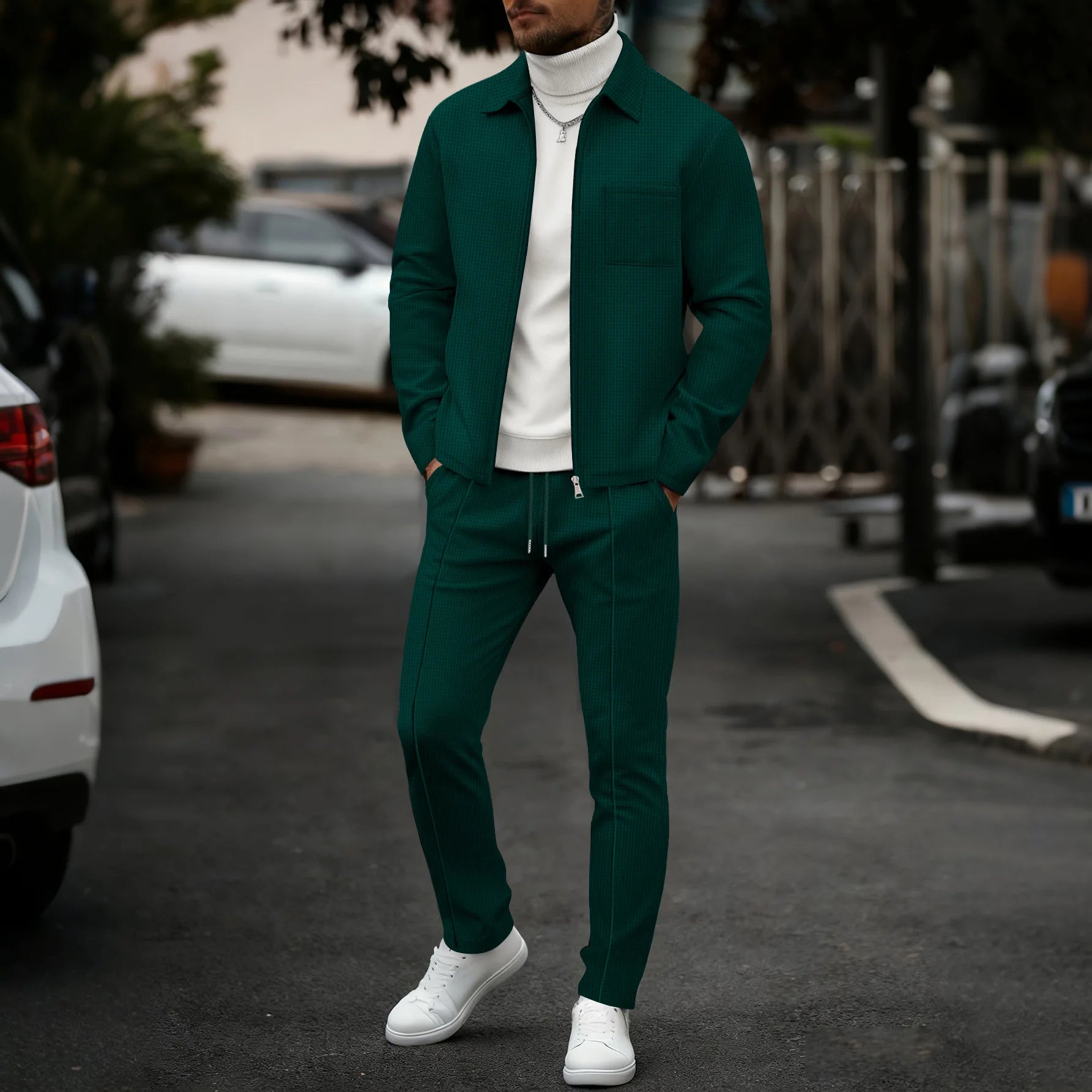 2026 Neue Herren Frühling-Herbst Karierte Strickjacke mit Reißverschlusskragen und Hosen-Set (mit Taschen)