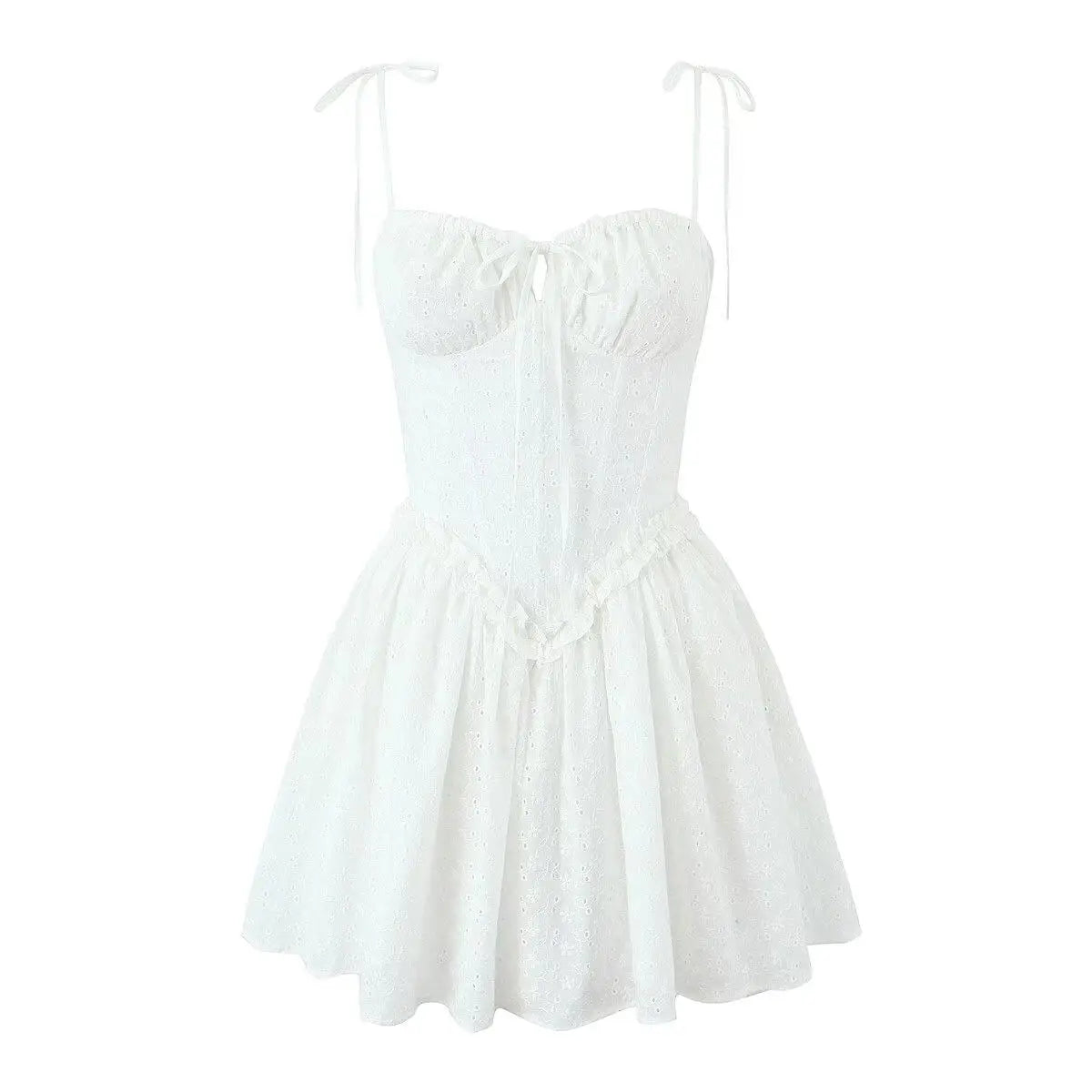 Sommerkleid 2025, sexy weiße Spitzenkleider für Damen, bestickt, figurbetontes Minikleid, koreanische Mode, Rüschenkleid, Schnürung, Fischgrätenmuster