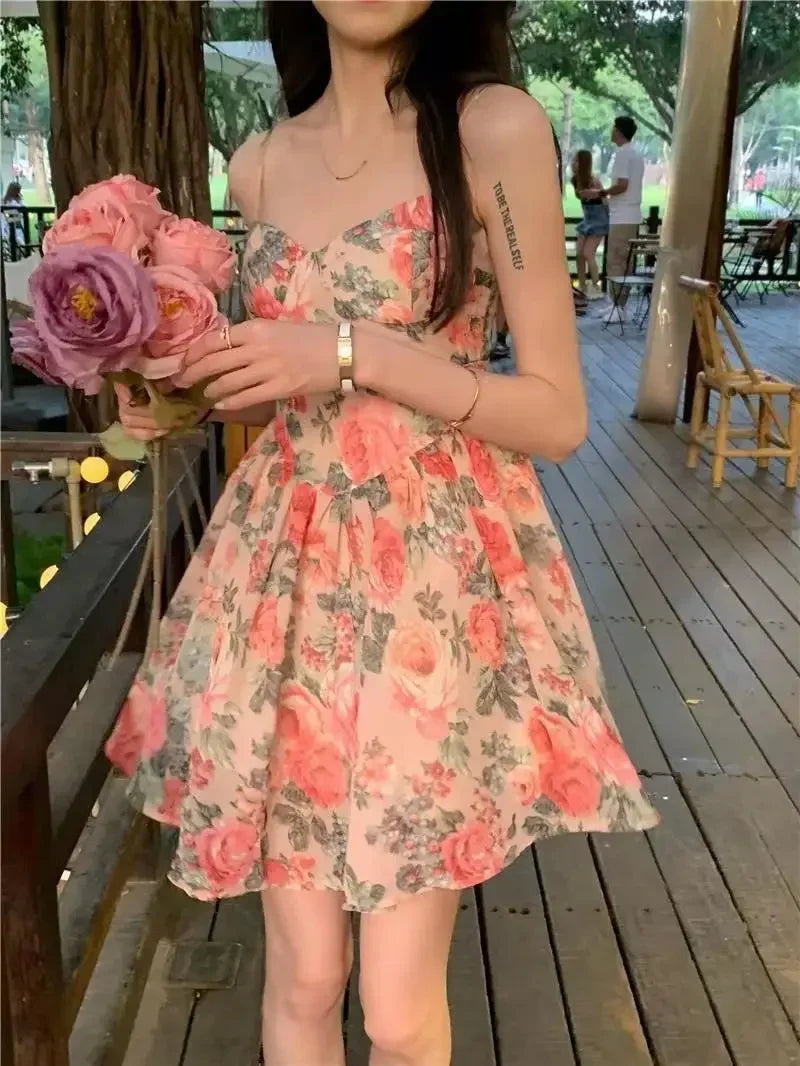 Elegantes, hoch tailliertes, schlankes, florales Tank kleid für Frauen im Frühling und Sommer im französischen Stil