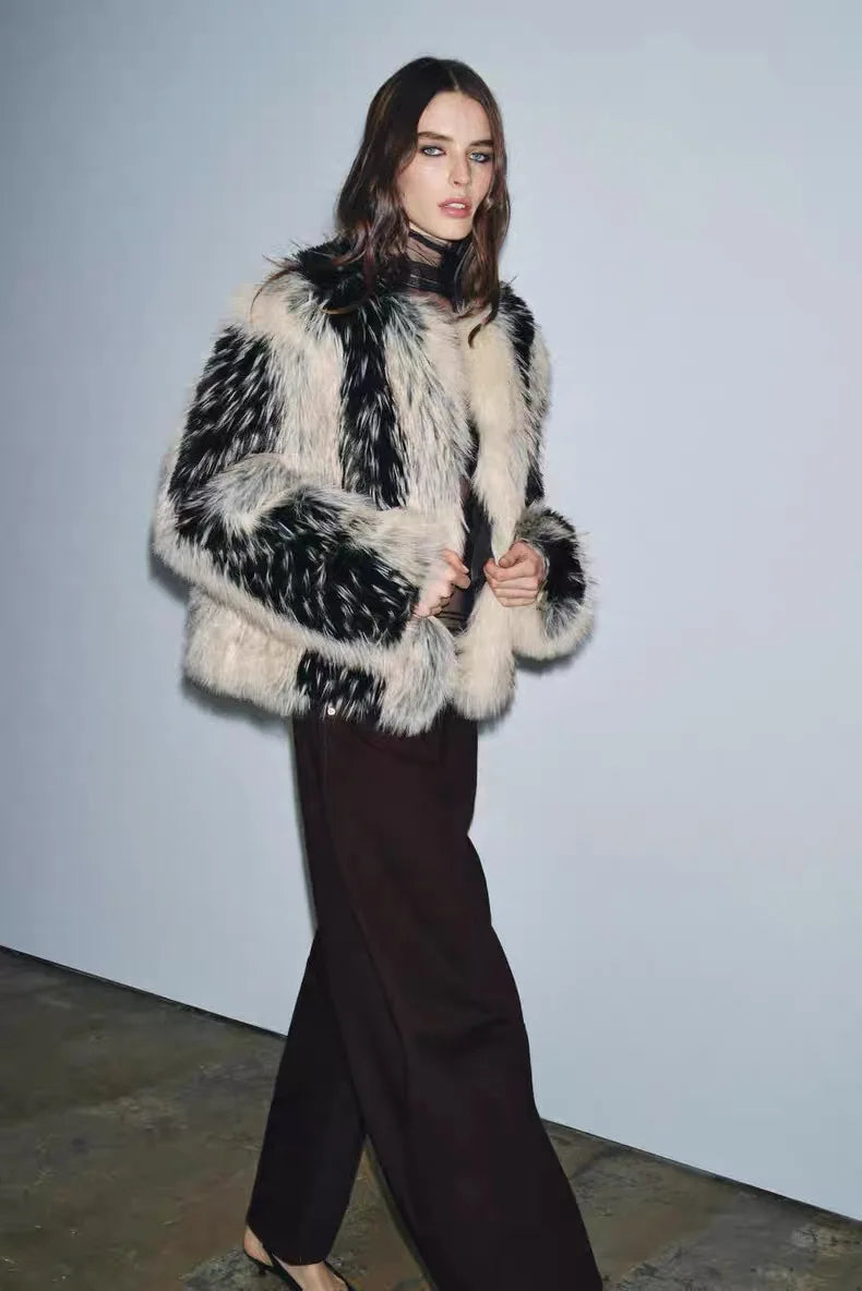 LEOSOXS Stilvolle Kontrast Faux Pelz Frauen Mantel Elegante Oansatz Einreiher Y2K Volle Hülse Weibliche Mäntel Winter Chic Dame Jacke