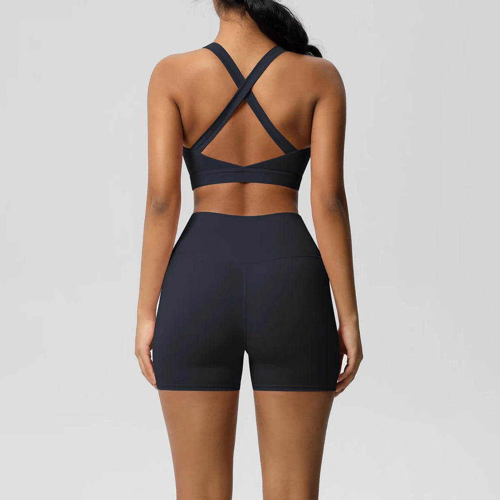 2PCS Sportswear Mit Taschen Yoga Set Gymnastik Kleidung Yoga Anzüge Für Frauen Trainingsanzüge Sport Shorts Crossover Bh Gym Leggings
