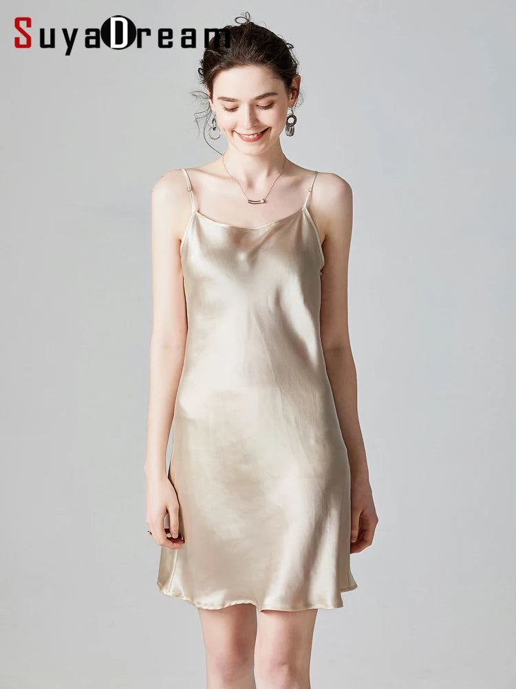 SuyaDream Woman Mini Dress 19mm 100%Real Silk Sleeveless Solid Spaghetti Strap Sleep Dresses 2025 Elegant Chic Clothes