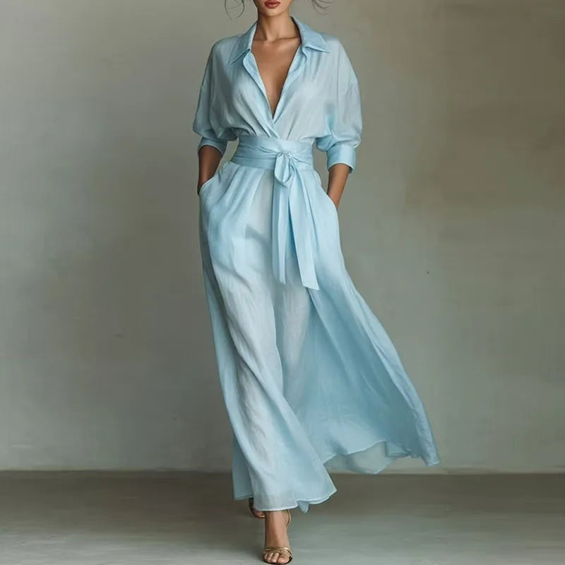 Böhmisches Elegantes Schnür-Maxikleid mit Hoher Taille für Damen Neues Umlegekragen-Kleid mit Ausschnitten für Partys Frühling 3/4 Ärmel Taschen-Maxikleid