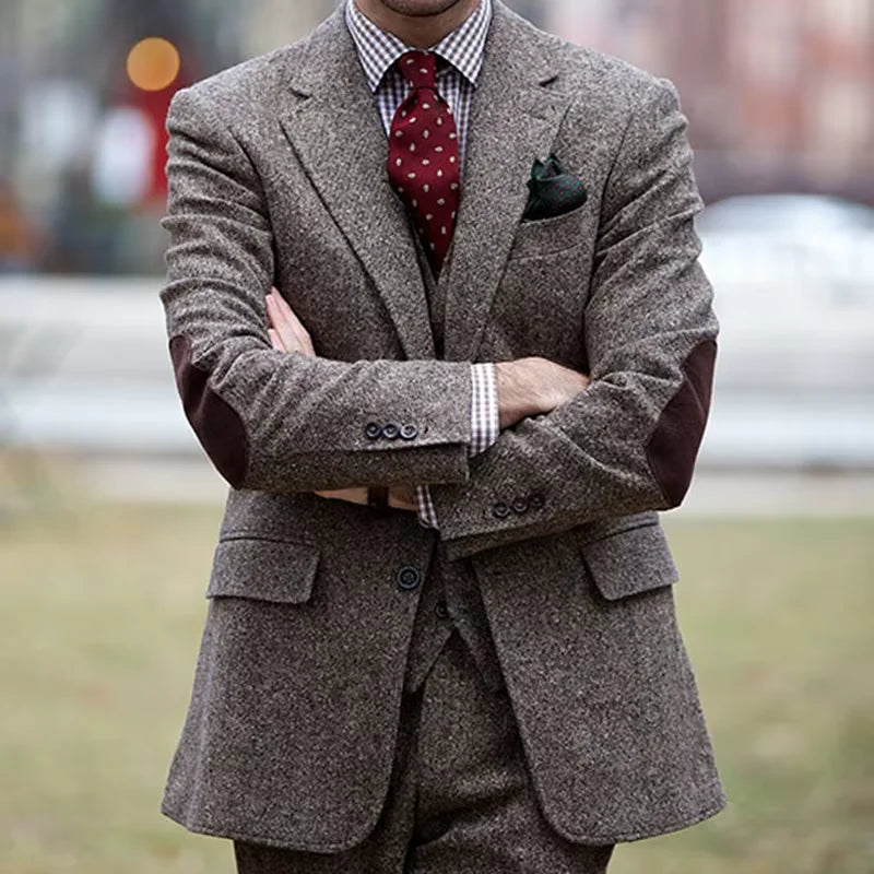 Vintage Winter-Tweed-Anzüge, braune Tweed-Herrenanzüge mit Patch-Design, Kostüm Homme, Smart Business, formelle Hochzeitsanzüge, 1-teilig