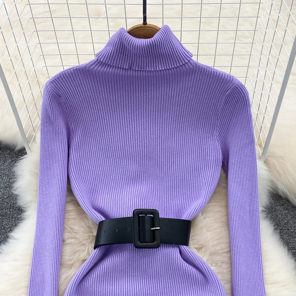 REALEFT Herbst Winter 2025, neue Rollkragen frauen Gestrickte Kleider mit Gürtel Langarm Elegante Bodycon Wrap Kleid Weibliche