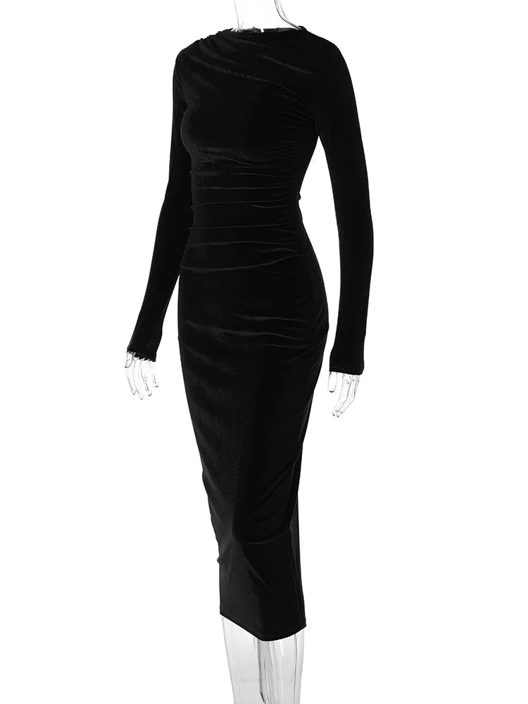 Dulzura 2024 Frühling Sommer Samt Langarm Midi Kleid Für Frauen Geraffte Lange Kleid Elegante Party Kleidung Abend Grün Outfits