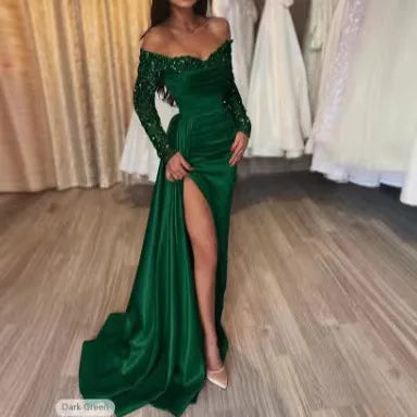 Langärmliges, glitzerndes Pailletten-Abendkleid 2026, formelles Party-Dinner, Bankett, Host-Kleider, elegantes, schulterfreies, bodenlanges Kleid