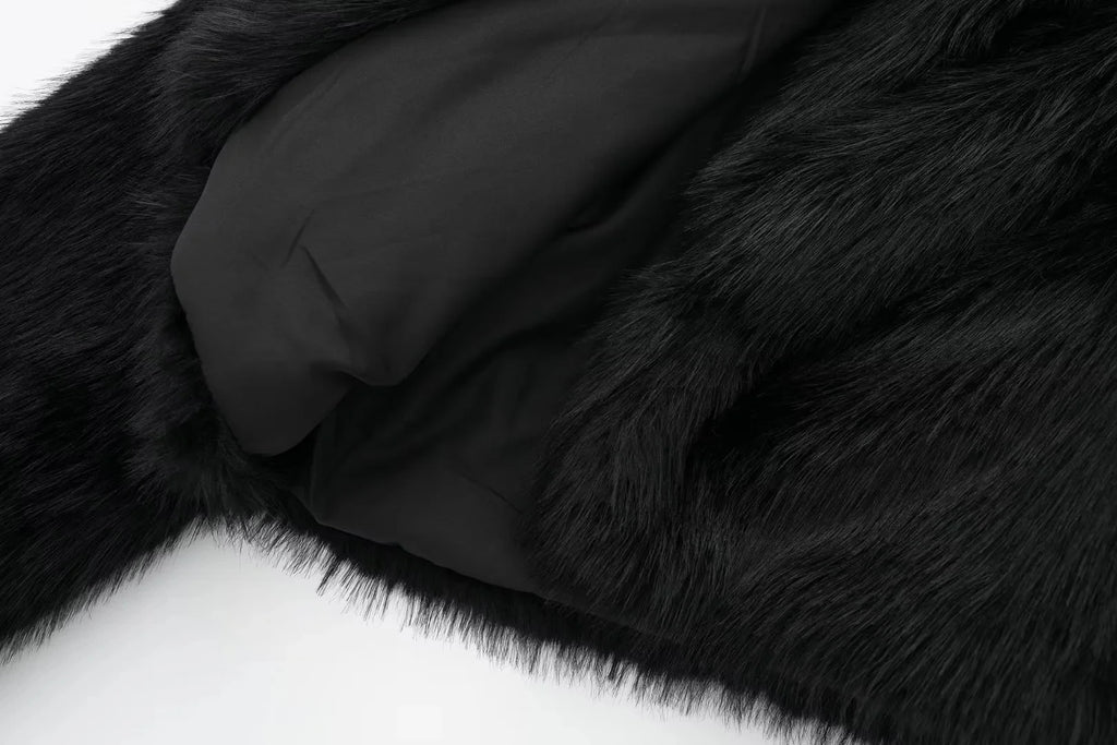 MUJER Schwarzer Kunstpelzmantel für Damen, Herbst-Winter-Plüschmäntel und Jacken, Streetwear-Outer, langärmelig, warme Damenmäntel