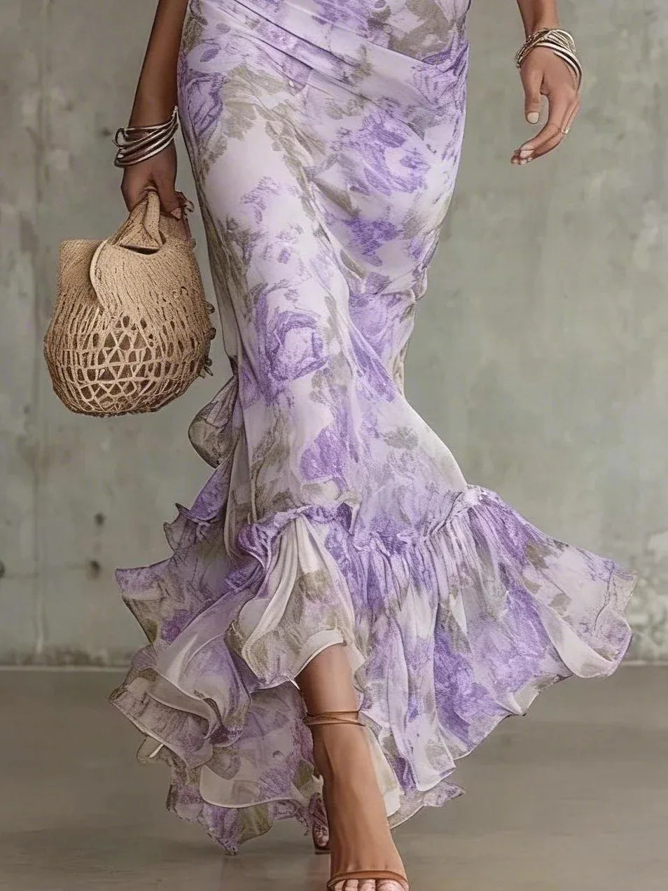Blumendruck Mode Kurzarm Mesh Vielseitiges Elegantes Langes Kleid Damen Abendkleid Meerjungfrau Schlankes Sexy Spitzen-Splicing Abendkleid