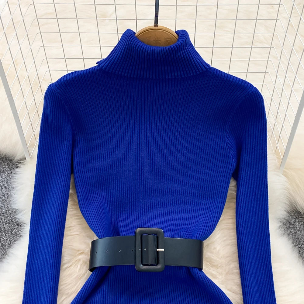 REALEFT Herbst Winter 2025, neue Rollkragen frauen Gestrickte Kleider mit Gürtel Langarm Elegante Bodycon Wrap Kleid Weibliche