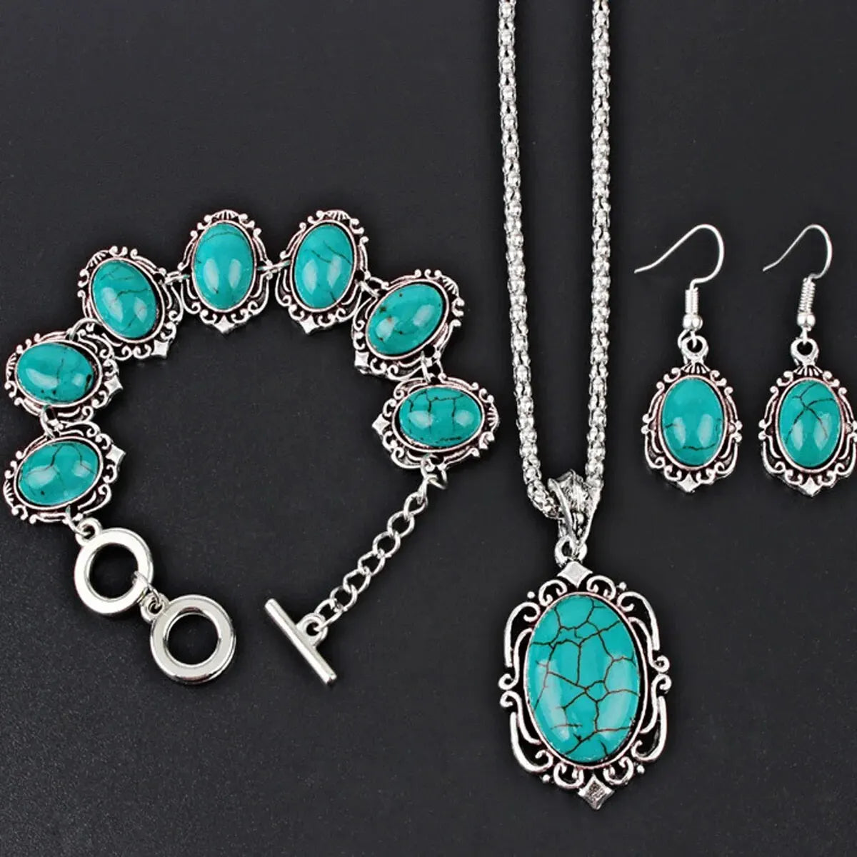 3-teiliges Damen-Set im Vintage-Stil, türkisfarbenes Armband, Halskette, Ohrringe, Heilstein, Dekoration, Geschenk (ohne Box)