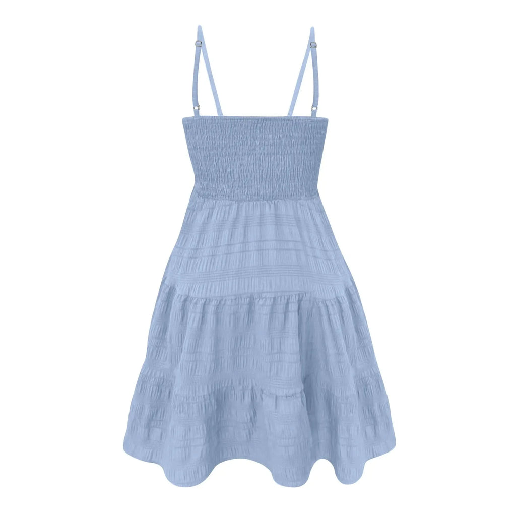 Bohemian Strand Sommerkleid Frauen Sexy Ärmellose Backless Große Schaukel Mini Kleid Solide Spaghetti Strap Rüschen Kleid Sommer Vestidos