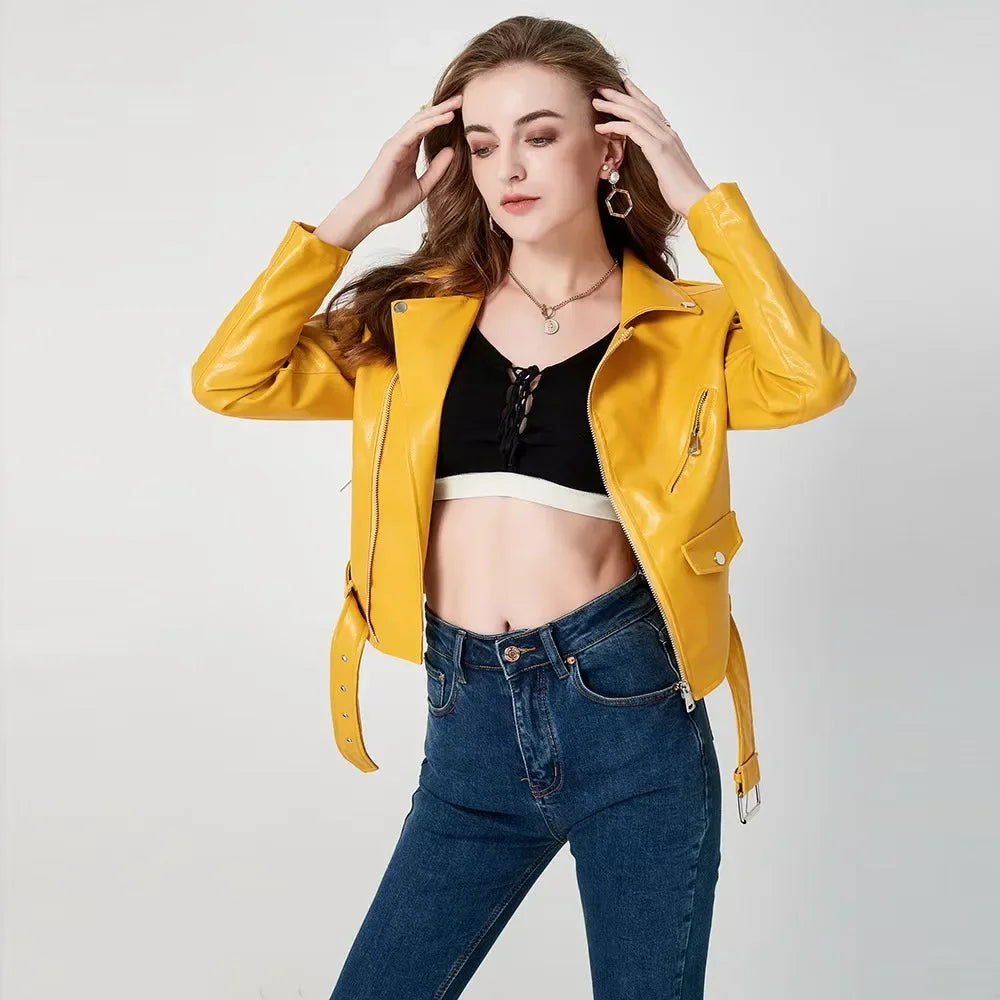 Women's PU Leather Jacket Slim Fit Motorcycle Washed Zipper Top Autumn Winter Fashion Outerwear Casual Style Full Sleeve