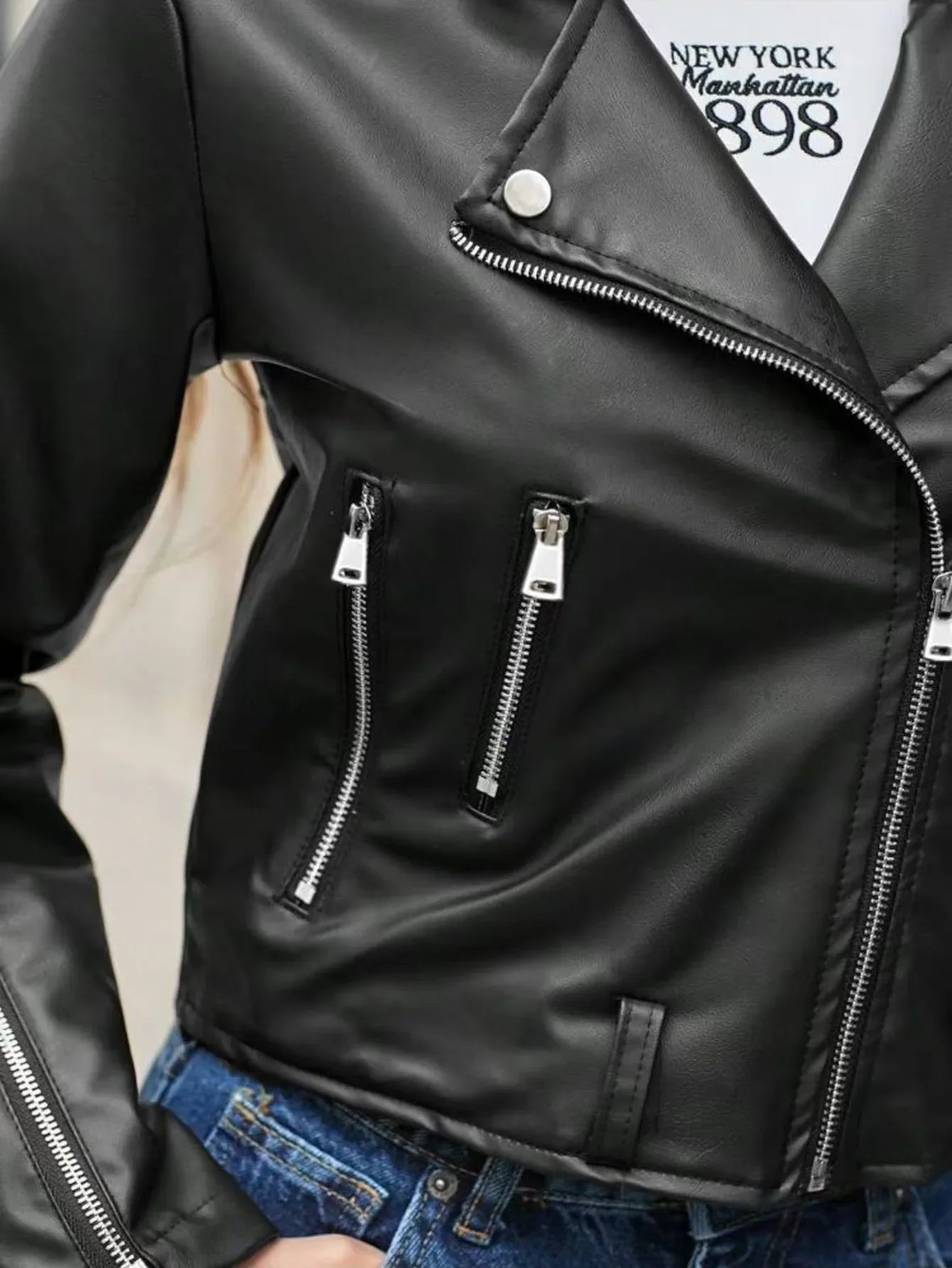 Black Short Motorcycle Jacket Women's Slim Fit PU Leather Coat Fake Leather Zipper Collar Full Sleeve Origin China Male Fashion