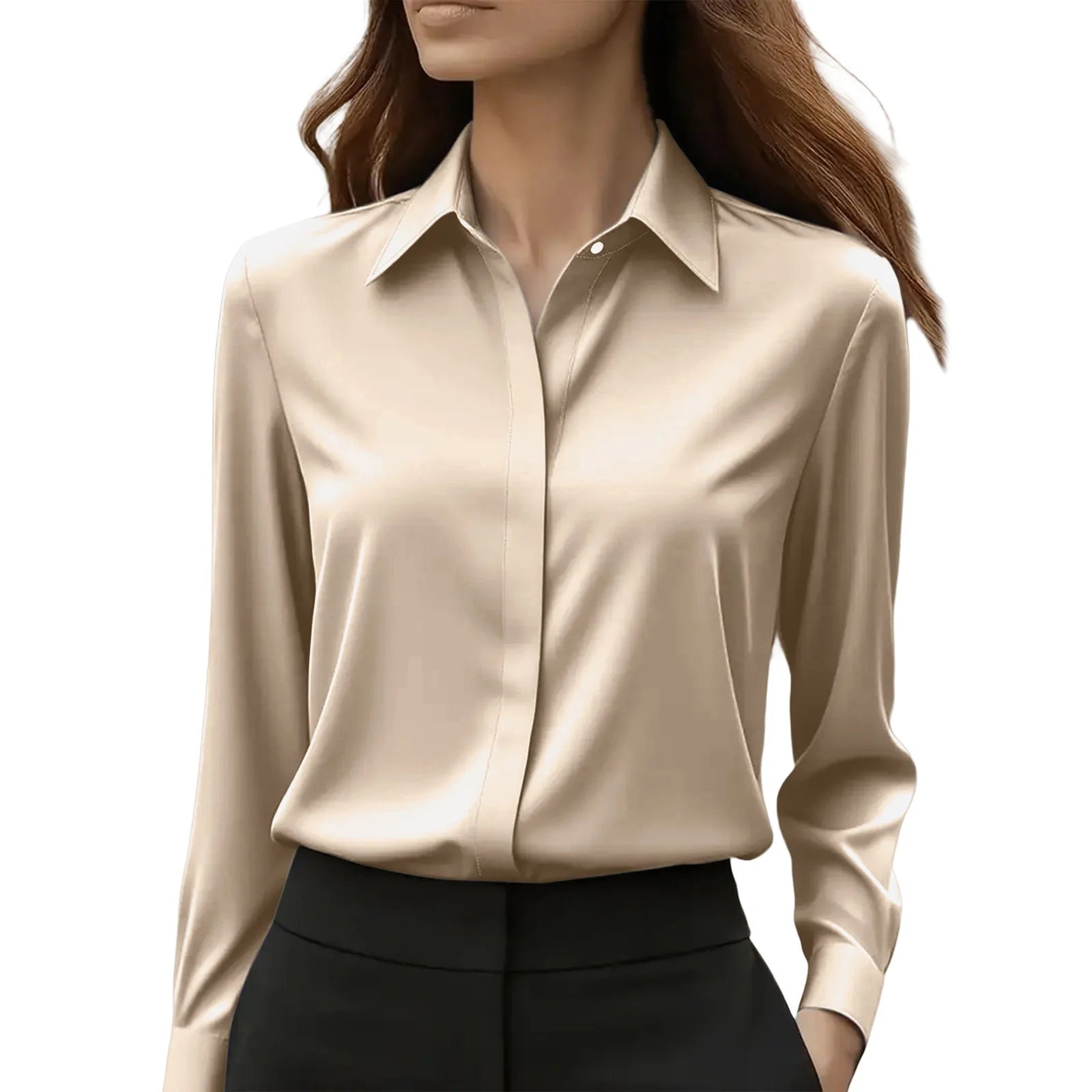 2025 Neues Damen-Langarmshirt, 10-farbiges Revers, Satin-Knopf-Cardigan, Büro, Pendeln, elegantes, einfaches Oberteil, Basic-Blusen