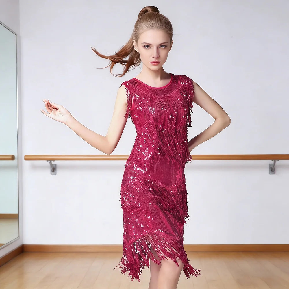 Lateinamerikanisches Salsa-Tango-Kleid für Damen mit Pailletten, Asymmetrischen Fransen, Rundhalsausschnitt und Brustmuster für Gesellschaftstanz