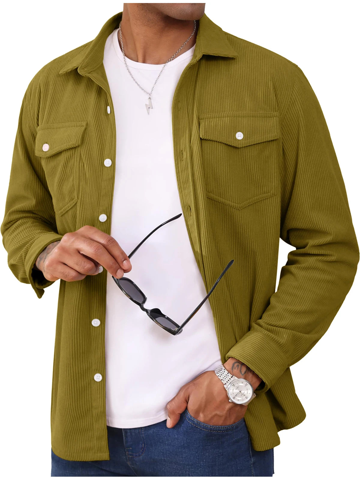 MAGCOMSEN Herren-Cordjacke, langärmelig, lässig, leichtes Hemd mit Brusttasche, Arbeit, Alltagsjacke, Frühlings- und Herbstmantel