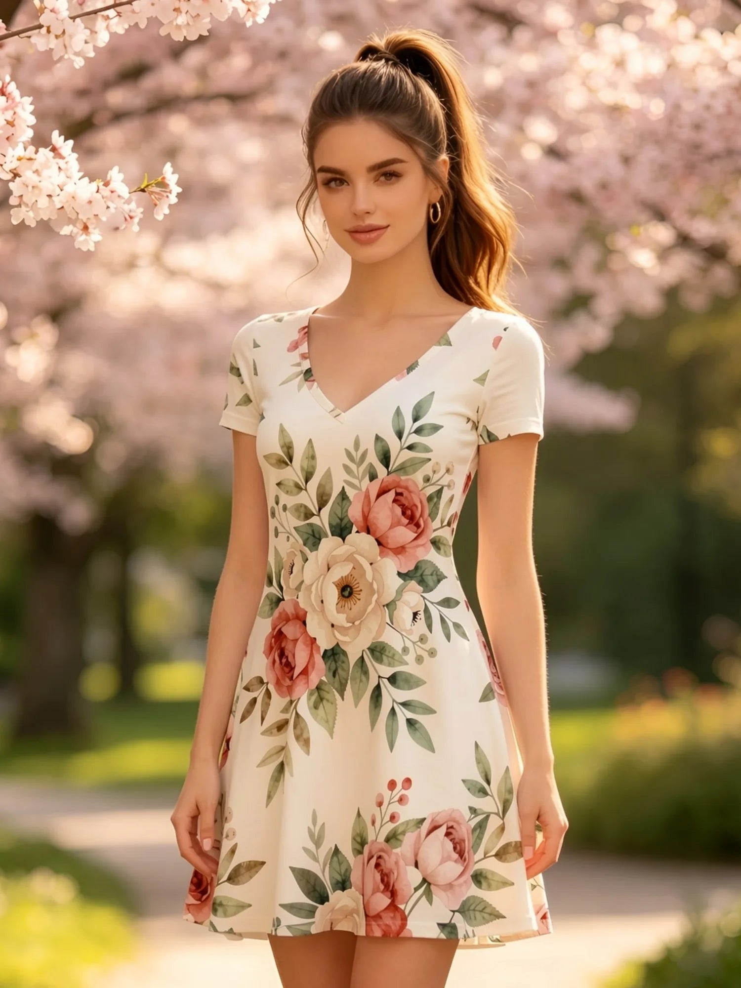 Damen-Kleid mit V-Ausschnitt, kurzen Ärmeln und Blumenmuster, A-Linie, lässig, für Terrasse, Brunch, Sommer, Sommerkleid, Outfit, schön, für den Alltag, feminin, anmutig, einfach