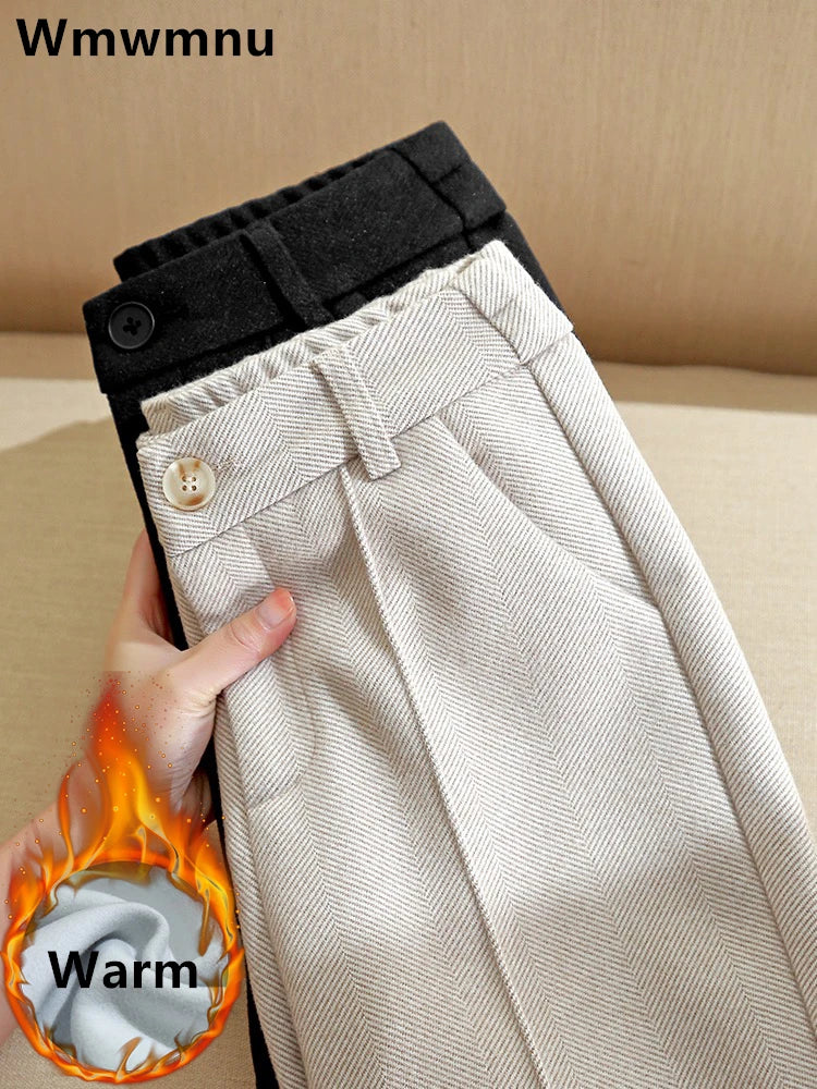 High Waist Wool Blend Pants Women Winter Thicken Plush Lined Harem Pantalones Office Casual Warm Ankle-length Woolen Spodnie