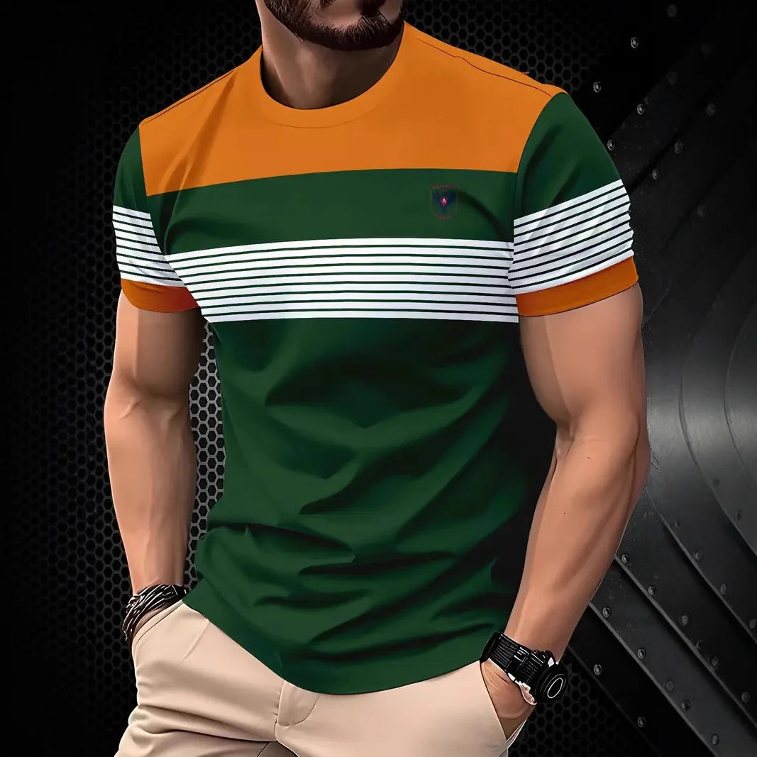 2025, Sommer Herrenmode, 3D-T-Shirt, Spleißen, bedruckt, Farbblockierung, lässig, schlank, kurzärmelig, Outdoor-Sport, Laufen, Fitness