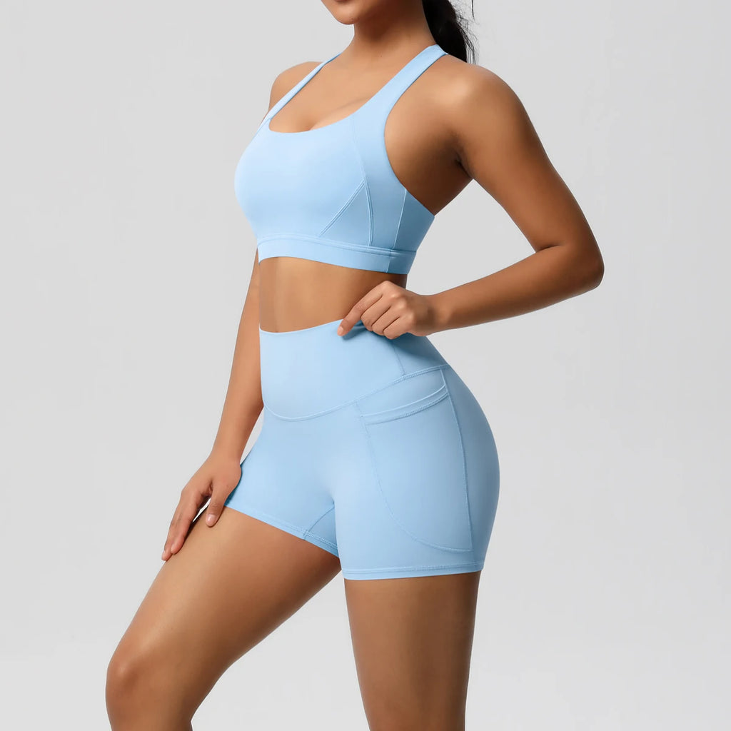 2PCS Sportswear Mit Taschen Yoga Set Gymnastik Kleidung Yoga Anzüge Für Frauen Trainingsanzüge Sport Shorts Crossover Bh Gym Leggings