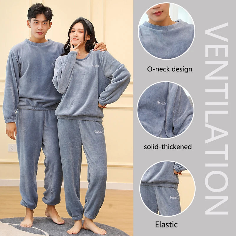 Verdickte Warme Männer Korallen Samt Pyjamas Herbst Winter Homewear Lange Ärmeln Lange Hosen Solide Weiche Nachtwäsche 2 Teile/satz Paar