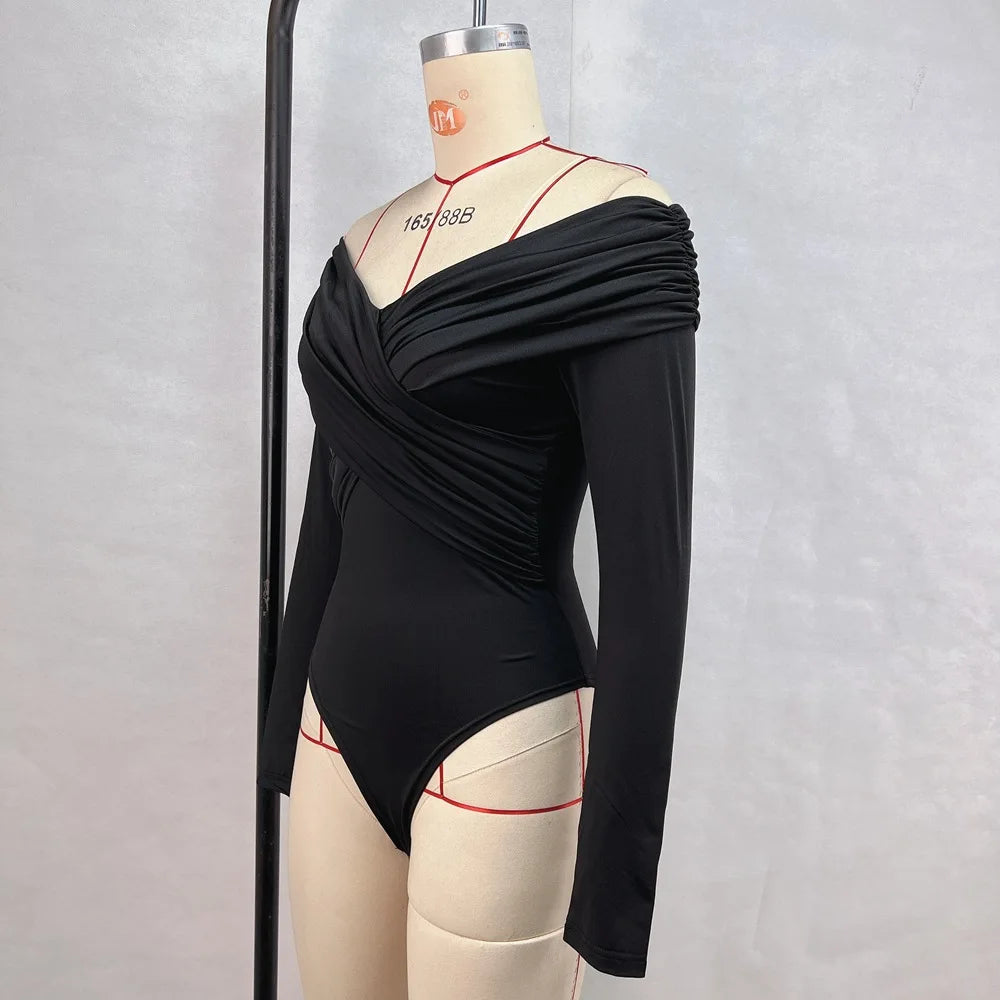 Herbst neuer 2024, sexy und modischer, schulterfreier Patchwork-Langarm-Slim-Fit-Overall mit V-Ausschnitt und schmaler Passform für Damen