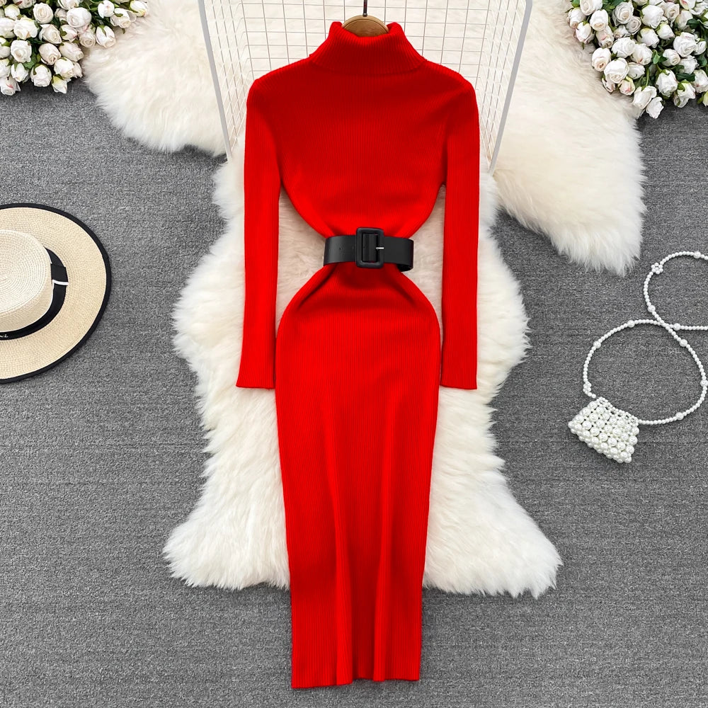 REALEFT Herbst Winter 2025, neue Rollkragen frauen Gestrickte Kleider mit Gürtel Langarm Elegante Bodycon Wrap Kleid Weibliche