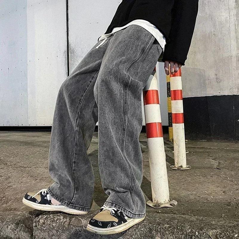 2025 neue Streetwear Lose Jeans Männer Koreanischen Stil, Mode, Lose Gerade Breite Bein Hosen Männer der Marke Kleidung Schwarz Licht blau
