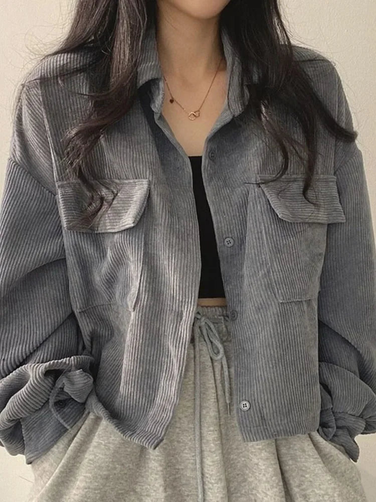 Frauen Vintage Cord Abgeschnitten Jacke Koreanische Mode Langarm Kordelzug Blusen Weibliche Lose Einreiher Mäntel Strickjacke