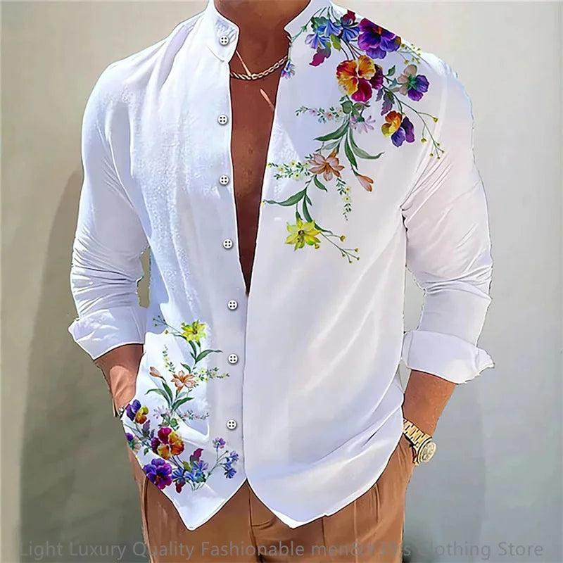 Neues Herren hemd Langarmhemd 3D-Druck Blumenmuster lang ärmel ige stehende Kleidung Mode lässig XS-6XL weichen Stoff