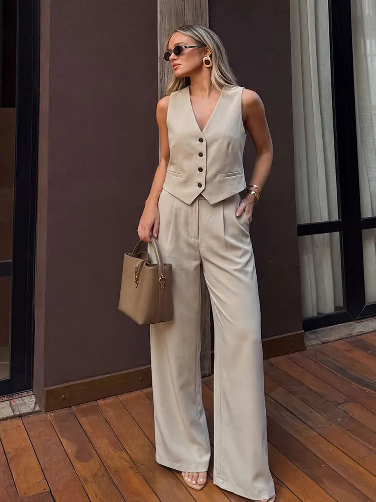 HH Damen ärmellose Weste mit Knöpfen & weit geschnittene Hose 2-teiliger Anzug Lässiges Büro-Arbeitsoutfit für den täglichen Geschäftsgebrauch.