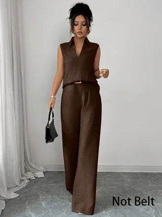 2026 Sommer Neues Ärmelloses V-Ausschnitt-Set mit Weiten Hosen, Französischer Stil Hochwertiges Business-Casual Zweiteiler-Set, Elegante und Schlankmachende Übergrößen-Damenkleidung, Geeignet für Büro, Alltag und Urlau